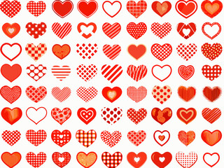 Collection of diverse red hearts with varying patterns and textures displayed