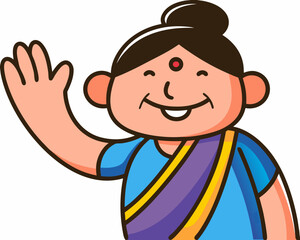 A cheerful woman in traditional sari waving hello with a warm smile