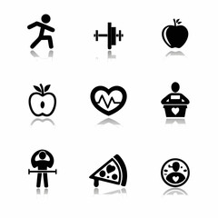 Simple black icons representing health fitness food and lifestyle elements