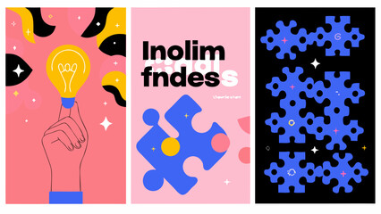 Creative abstract design featuring ideas puzzles and digital elements in pink and blue