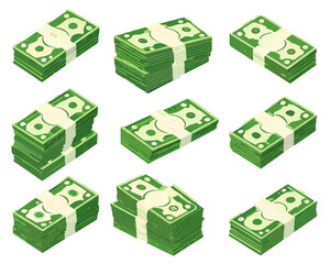 Isometric illustration of multiple stacks of one hundred dollar bills arranged on a dark background