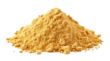 Yellow golden maca powder displayed in finely milled nutrient-rich form showing vibrant earthy superfood texture in loose scattered arrangement isolated on white background
