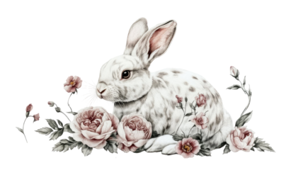 White lop-eared bunny with roses and pansies in charming spring floral arrangement featuring soft detailed fur and gentle pastel accents isolated on white background