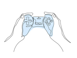 Minimal Continuous one line illustration of hands holding a game controller, symbolizing focus, gaming activity, and modern entertainment. Vector Editable stroke