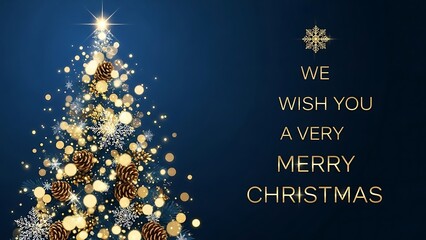Sparkling christmas tree illuminated with golden lights and snowflakes on dark blue background with text