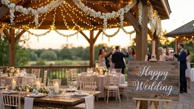 An enchanting evening celebration unfolds under a beautifully decorated outdoor gazebo, bathed in the soft glow of dusk. Twinkling string lights and elegant white floral garlands drape across the wood