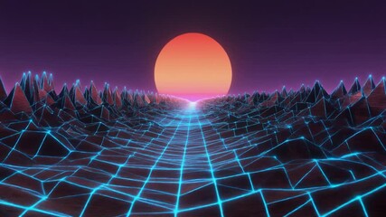 Retro synthwave landscape with glowing blue grid road leading toward a massive orange sun setting over jagged digital mountains at twilight - Powered by Adobe