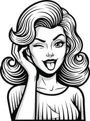 A black and white pop art illustration of a playful woman with retro wavy hair winking and sticking her tongue out.