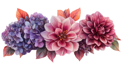 Watercolor dahlia hydrangea lily arrangement featuring layered artistic petals in vibrant hand-painted botanical style isolated on white background