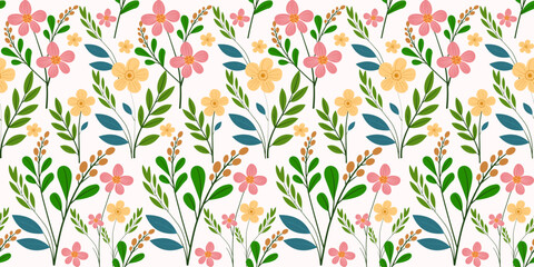 Seamless floral pattern with flowers and leaves for wallpaper and decoration. Seamless pattern suitable for fabric pattern. Hand painted floral background.