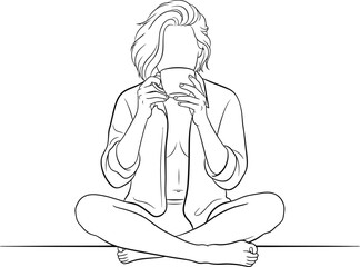 A minimalist line drawing of a faceless woman sitting crosslegged and holding a coffee mug.