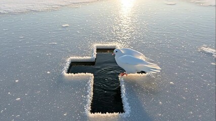 White Dove by Ice Cross Hole for Epiphany Baptism, Orthodox Christening, Spiritual Rebirth, Holy Water Immersion, and Christian Winter Festival Content