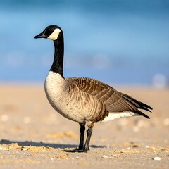 A majestic Canadian goose stands on a sandy beach, with a blurred blue ocean backdrop