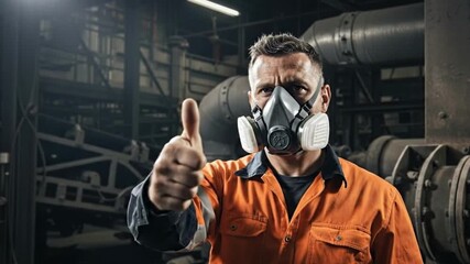 Industrial worker with respirator mask giving thumbs up in manufacturing plant for workplace safety blogs, occupational health websites, employee training, and industrial awareness content
