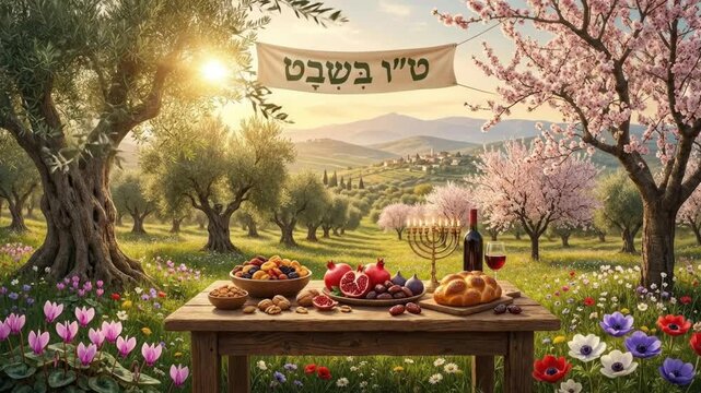 An idyllic and vibrant outdoor scene bathes in the soft, warm glow of a golden hour, presenting a rustic wooden table laden with an abundant array of food and festive elements. The foreground showcase