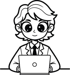Cartoon line art of a young professional with big eyes in a suit smiling while working on a laptop.