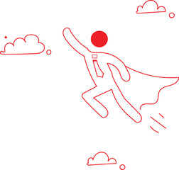  line-art illustration of a person with a cape and tie flying through the air, often used as a logo or icon for various companies and concepts. 
