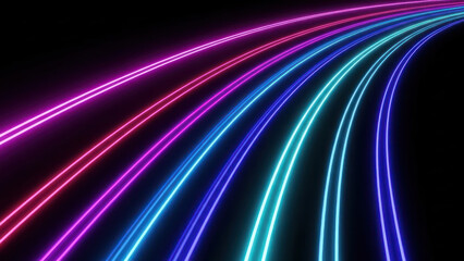 Dynamic neon light trails curving across a dark space, representing fast data transfer and futuristic technology.