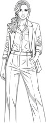 Detailed line art illustration of a confident young woman wearing a modern business pantsuit.