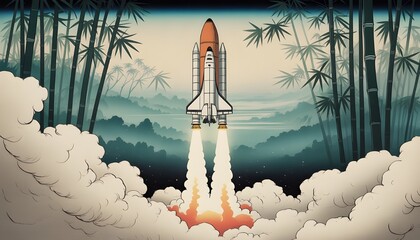 Space Shuttle Launch in Ukiyo-e Bamboo Forest Illustration.