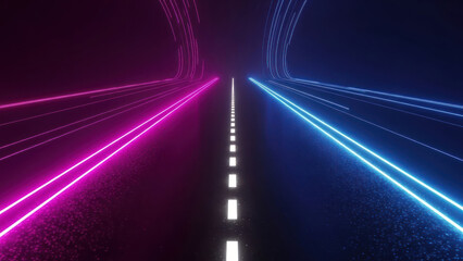 Futuristic neon highway with vibrant pink and blue light trails symbolizing digital speed and data flow