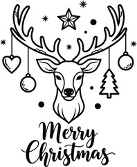 Festive reindeer head line art with hanging Christmas ornaments and Merry Christmas text.