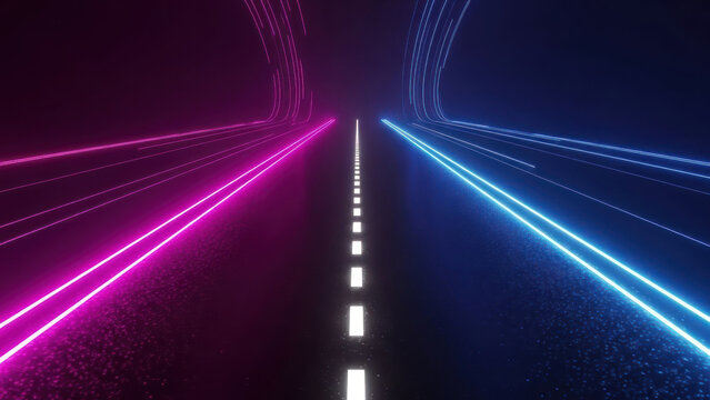 Futuristic neon highway with vibrant pink and blue light trails symbolizing digital speed and data flow - Powered by Adobe