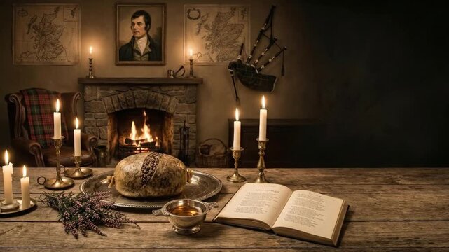 An inviting scene bathed in the warm glow of candlelight, featuring a traditional savory dish on a rustic wooden table. An open book, delicate heather, and a small silver vessel of amber liquid sugges