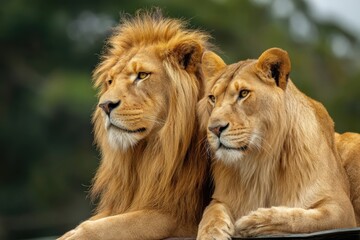 Fototapeta premium Dos leones descansando juntos, irradiando poder y serenidad.