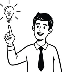 Handdrawn cartoon businessman pointing at a glowing lightbulb symbolizing a creative idea or inspiration.