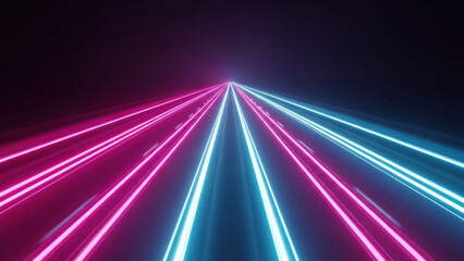 Dynamic neon light trails converging on a futuristic dark road abstract background design