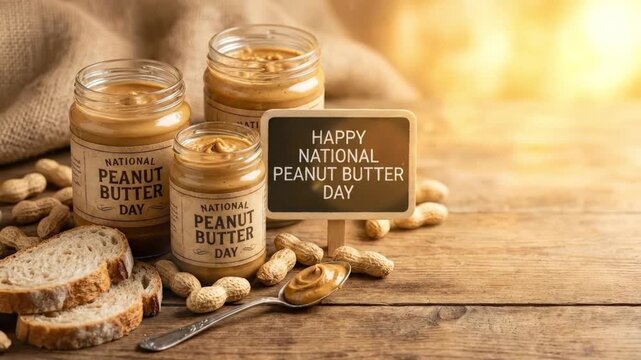 Creamy peanut butter in jars, with scattered whole peanuts and fresh bread slices, rests on a rustic wooden table. Warm, natural light enhances this inviting scene, conveying wholesome breakfast, deli