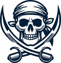 Pirate Skull Emblem with Crossed Sabers – Vintage Monochrome Buccaneer Logo Illustration