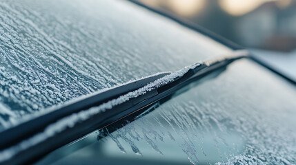 Frost-covered car windshield with wiper blades. Winter scene with delicate ice crystals. Cold morning, waiting for the car to defrost. A common sight in chilly weather.