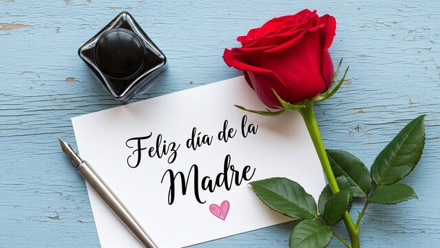 A beautiful red rose, a handwritten Mother's Day card, a pen, and an inkwell arranged on a rustic blue wooden surface. - Powered by Adobe