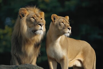 Obraz premium Un león macho y una leona observan el horizonte con intensidad.