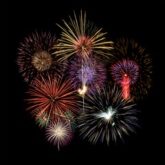 Fireworks of various colors and shapes burst in night sky