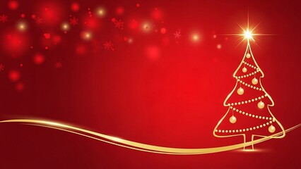 Golden christmas tree and festive lights on red holiday background