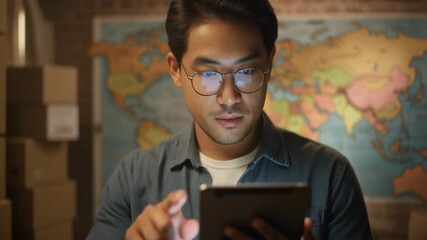 Focused adult man using a digital tablet indoors, symbolizing remote work, modern technology use, and professional productivity in a digital environment. - Powered by Adobe