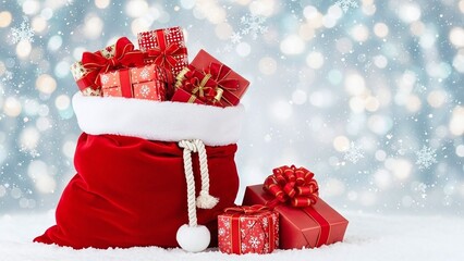 Festive santa's sack overflowing with red gifts on snowy backdrop