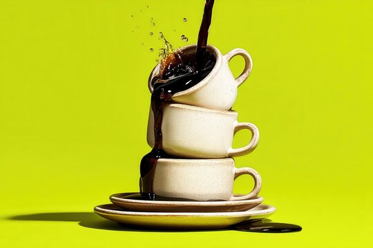 Una pila de tazas de caf&eacute; apiladas sobre un fondo verde brillante, con caf&eacute; verti&eacute;ndose sobre ellas.