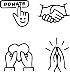line charity icons set showing donate button, handshake, heart in hands, and praying hands on white background.