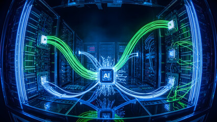Artificial Intelligence Microchip on Circuit Board Connecting to Server Racks