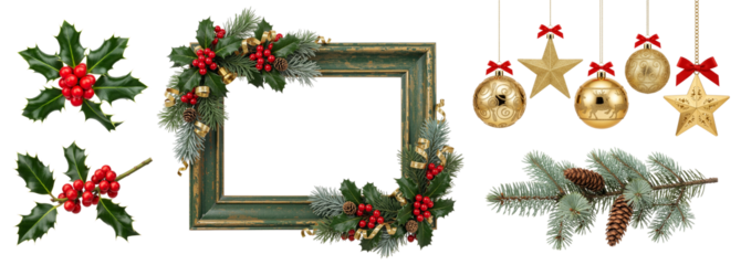 Christmas Holly Leaves, Golden Ornaments, Winter Pine Branches and Vintage Christmas Frame on Transparent Background