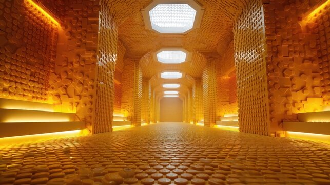 Una impresionante representaci&oacute;n de un pasillo futurista con una est&eacute;tica de colmena dorada.