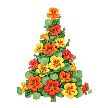 Colorful Nasturtium Flowers Arranged as a Festive Christmas Tree on a transparent background Botanical Illustration