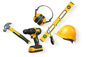 Construction tools and safety equipment shown on white background. Concept of work safety and building tools