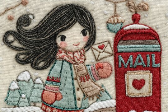 Una ni&ntilde;a con un abrigo verde y un gorro rojo deposita una carta de amor en un buz&oacute;n rojo en un paisaje nevado.
