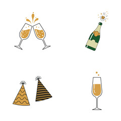 Celebration icons set champagne toast, bottle, party hats, and glass isolated on white background