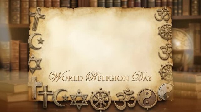 This evocative scene features an aged parchment scroll, centrally positioned and ready for custom text or graphics. It is beautifully bordered by a collection of globally recognized religious symbols,